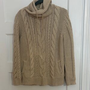 Gorgeous LL Bean Cable Knit Oatmeal Sweater. Size L. 100% Cotton. Funnel Neck.